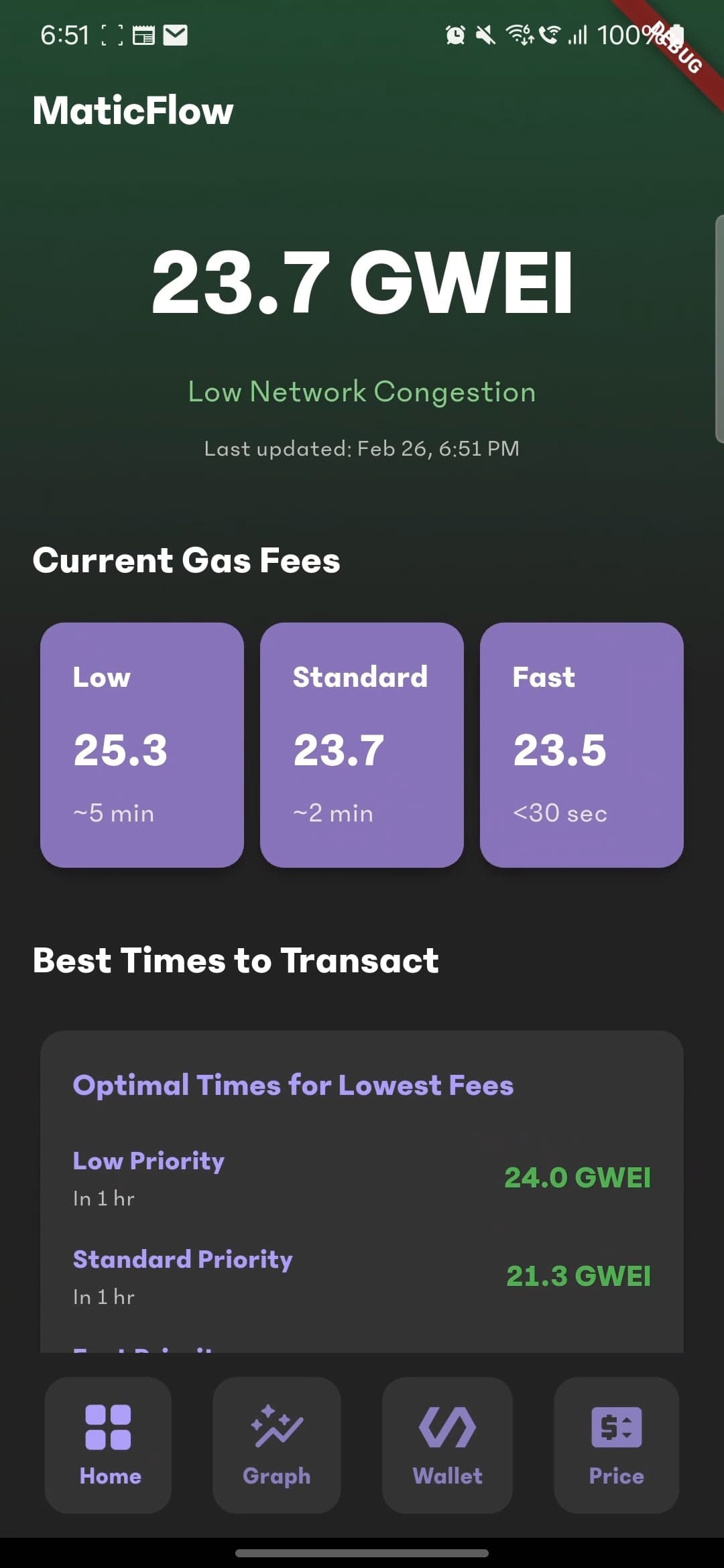 MaticFlow App Screenshot showing gas prices interface